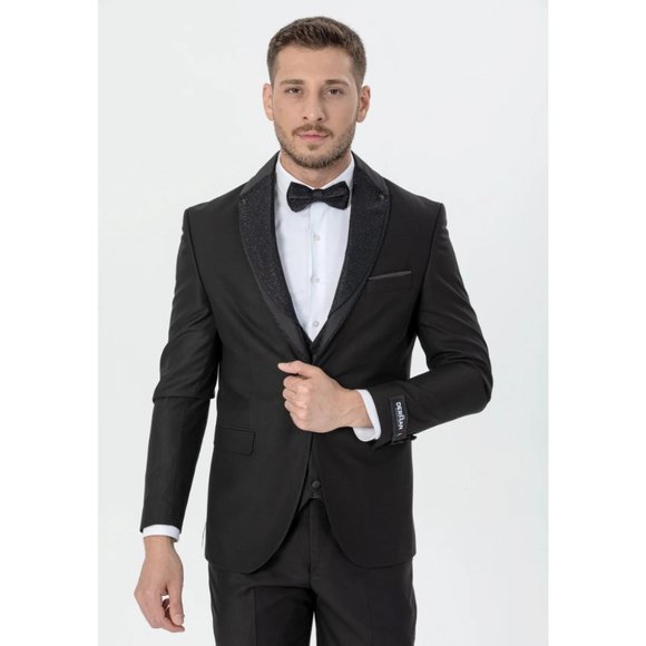 Derman Black Silvery Collar Luxury Tuxedo 3 Piece Set - Picture 1 of 6